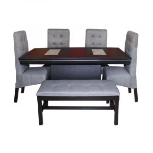 Antecomedor modelo Qatar con 4 sillas y banca en tapiz de tela gris